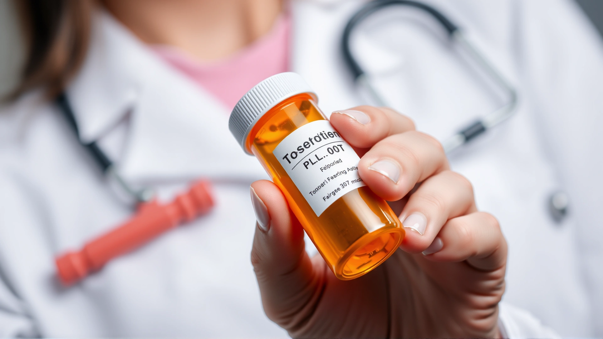 A veterinarian’s hand holding an orange prescription pill bottle labeled for a dog, stethoscope blurred in background.