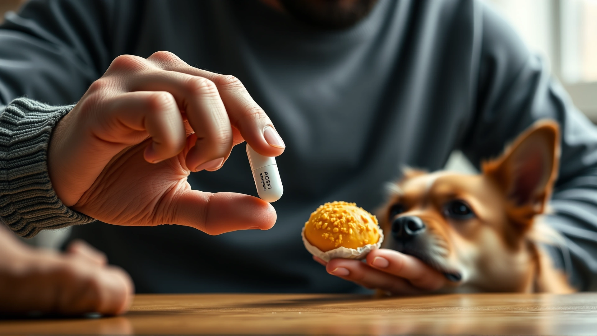 Owner holding a pill tucked inside a cheese ball while dog watches curiously, indoor setting