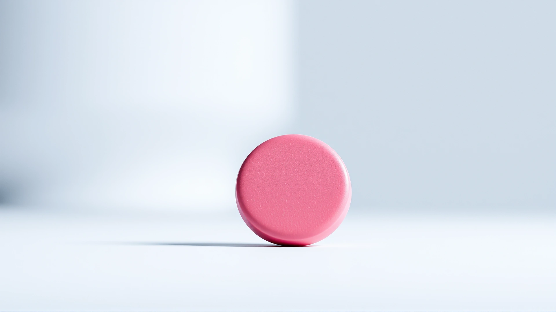 Macro shot of a single round pink clopidogrel tablet on a clean white background, high detail