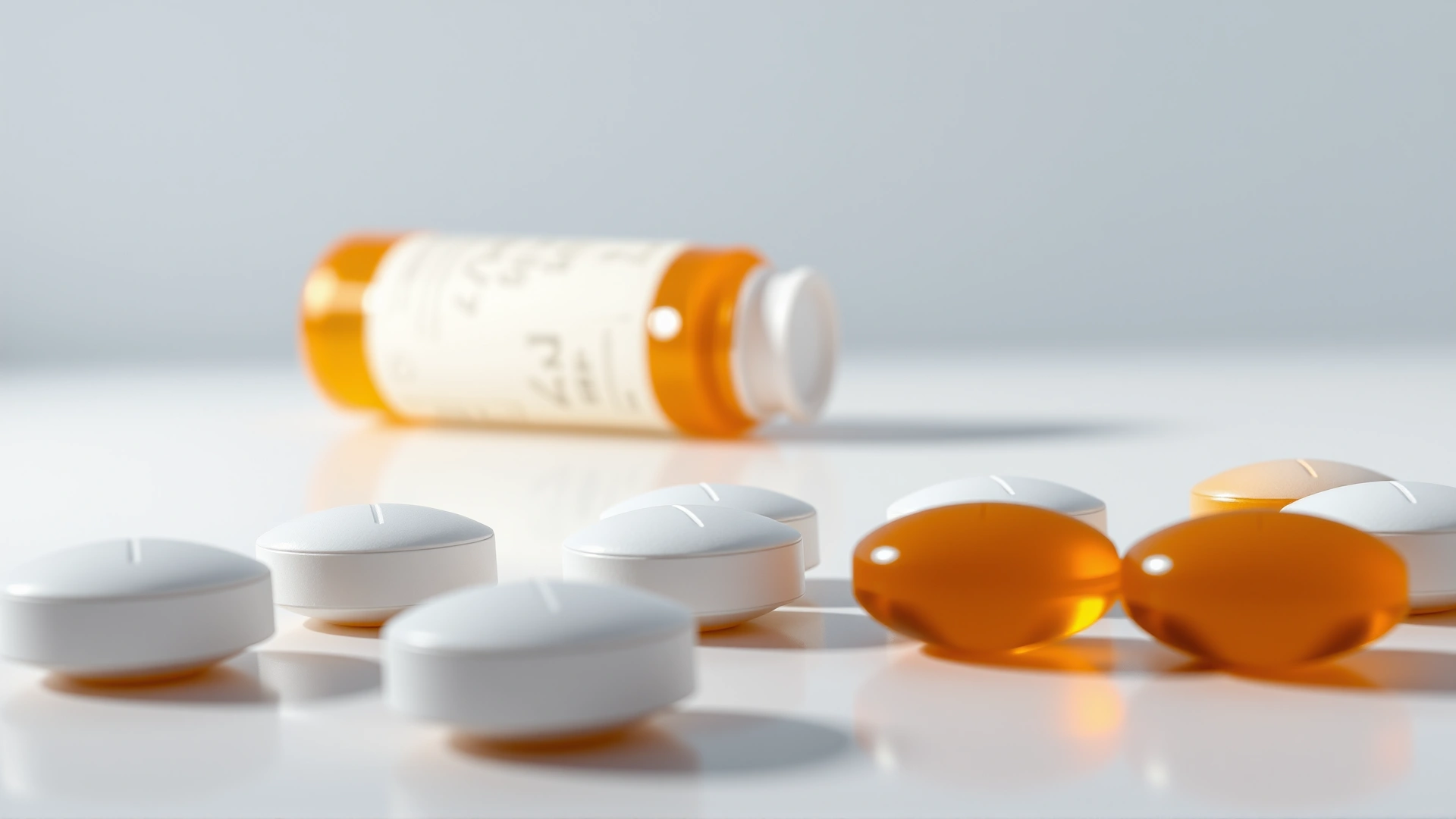 Macro shot of several small round tablets on a white countertop with an orange prescription bottle lying on its side in the background; no visible text on the bottle