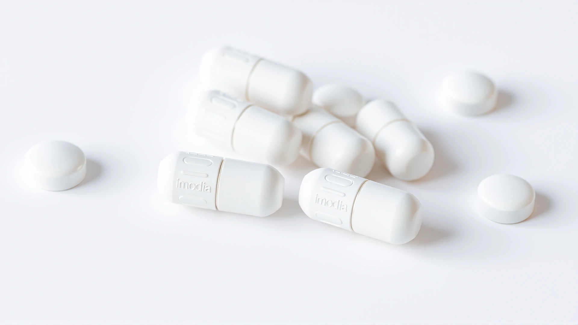 High-resolution close-up of white Imodium (loperamide) caplets on a clean, neutral background.