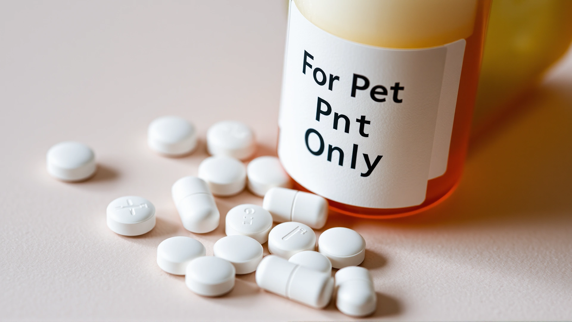 Macro photograph of white veterinary tablets scattered next to a prescription bottle that reads 'For Pets Only', on a neutral background