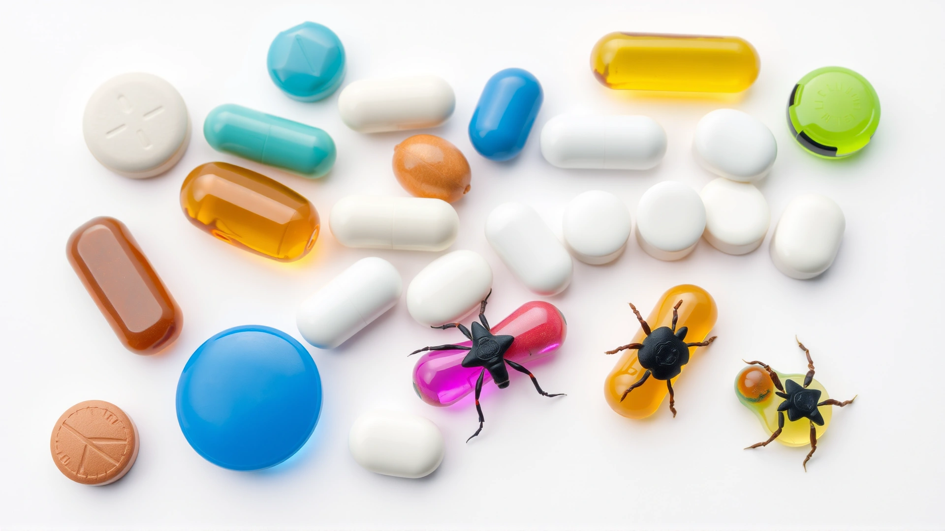 A neatly arranged assortment of different flea and tick pills on a clean white background, showing variety in shape and color.