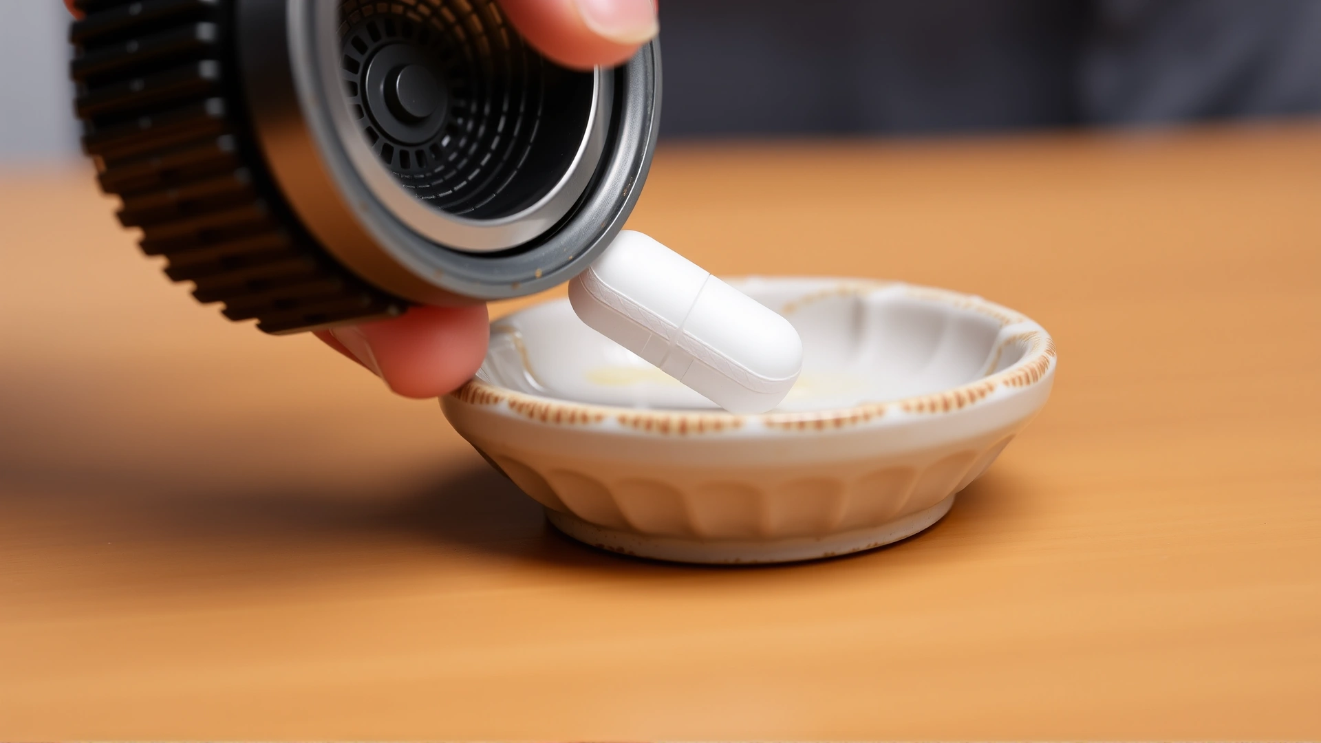 Close-up of a hand using a pill crusher to grind a white tablet over a small ceramic dish.