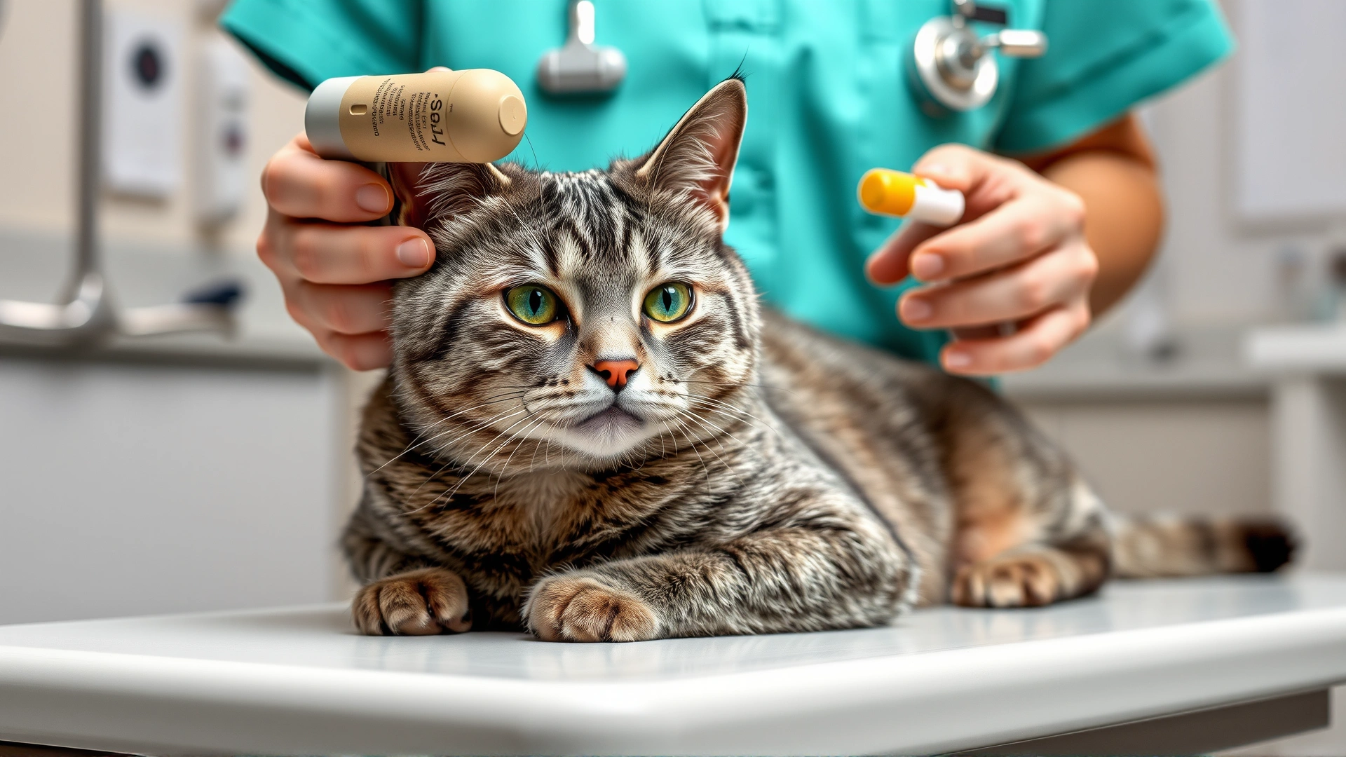 Veterinary nurse using a pill gun to medicate a relaxed gray tabby cat on an exam table, clinic environment