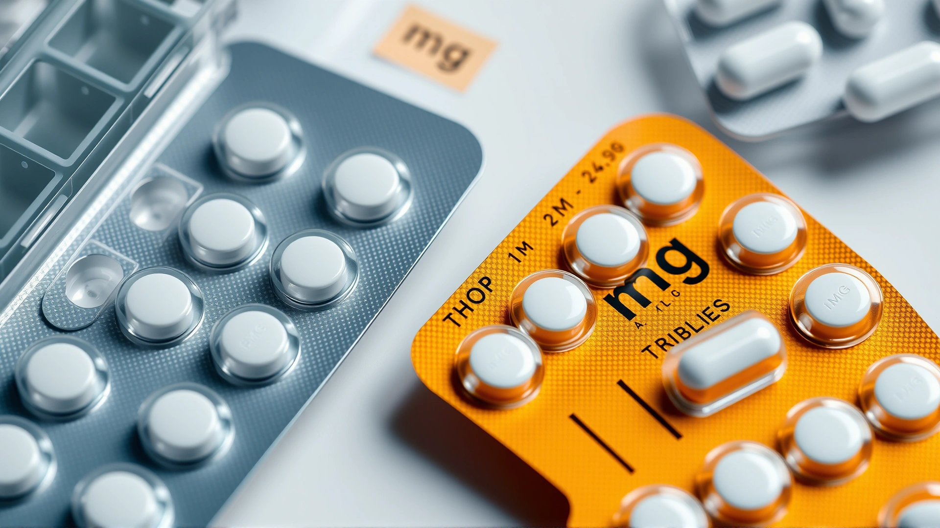 Open blister pack of small white tablets labeled 1mg next to a clear pill organizer, neutral background, high resolution.