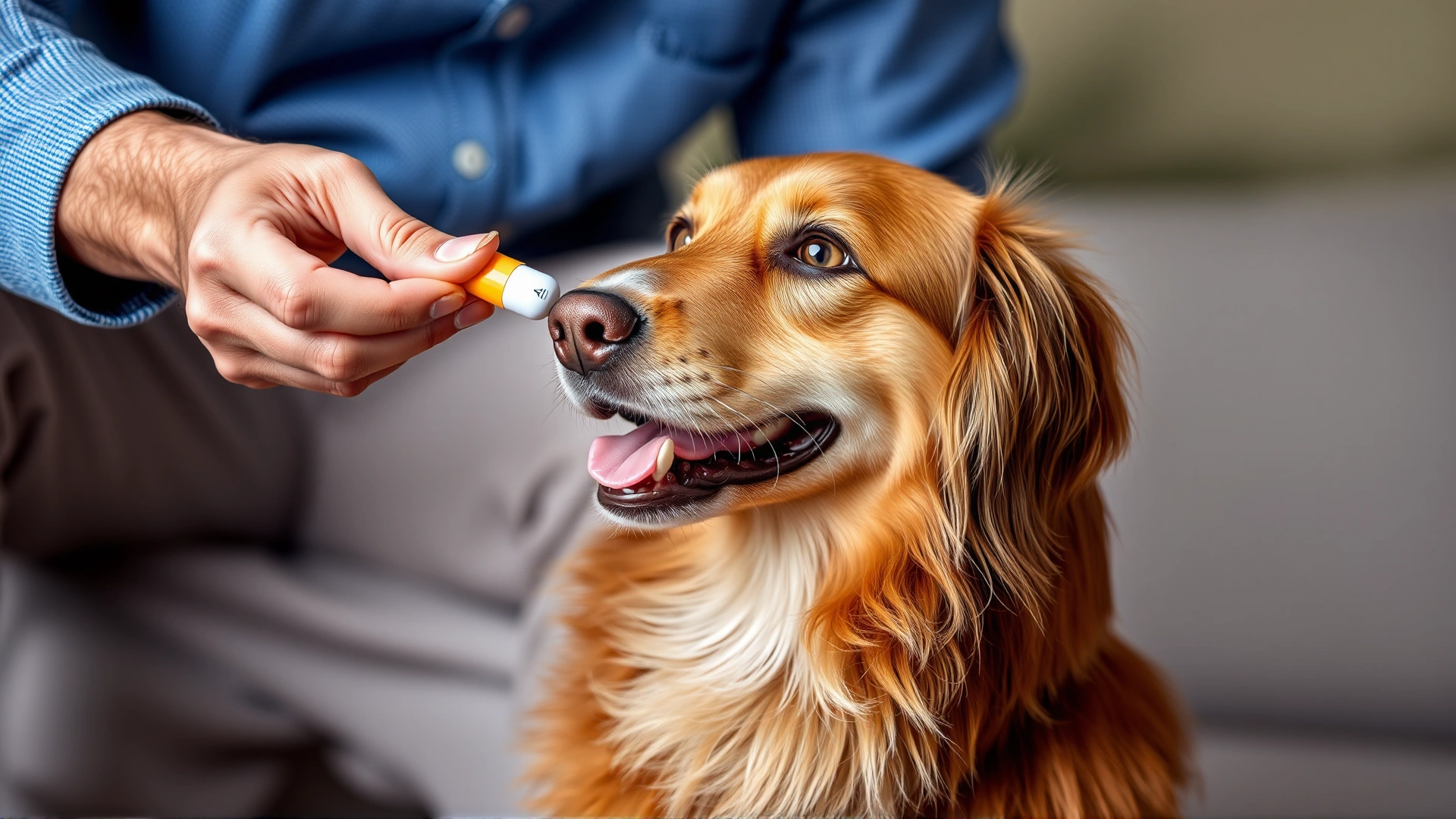 Owner gently offering a small pill wrapped in a piece of cheese to a friendly dog