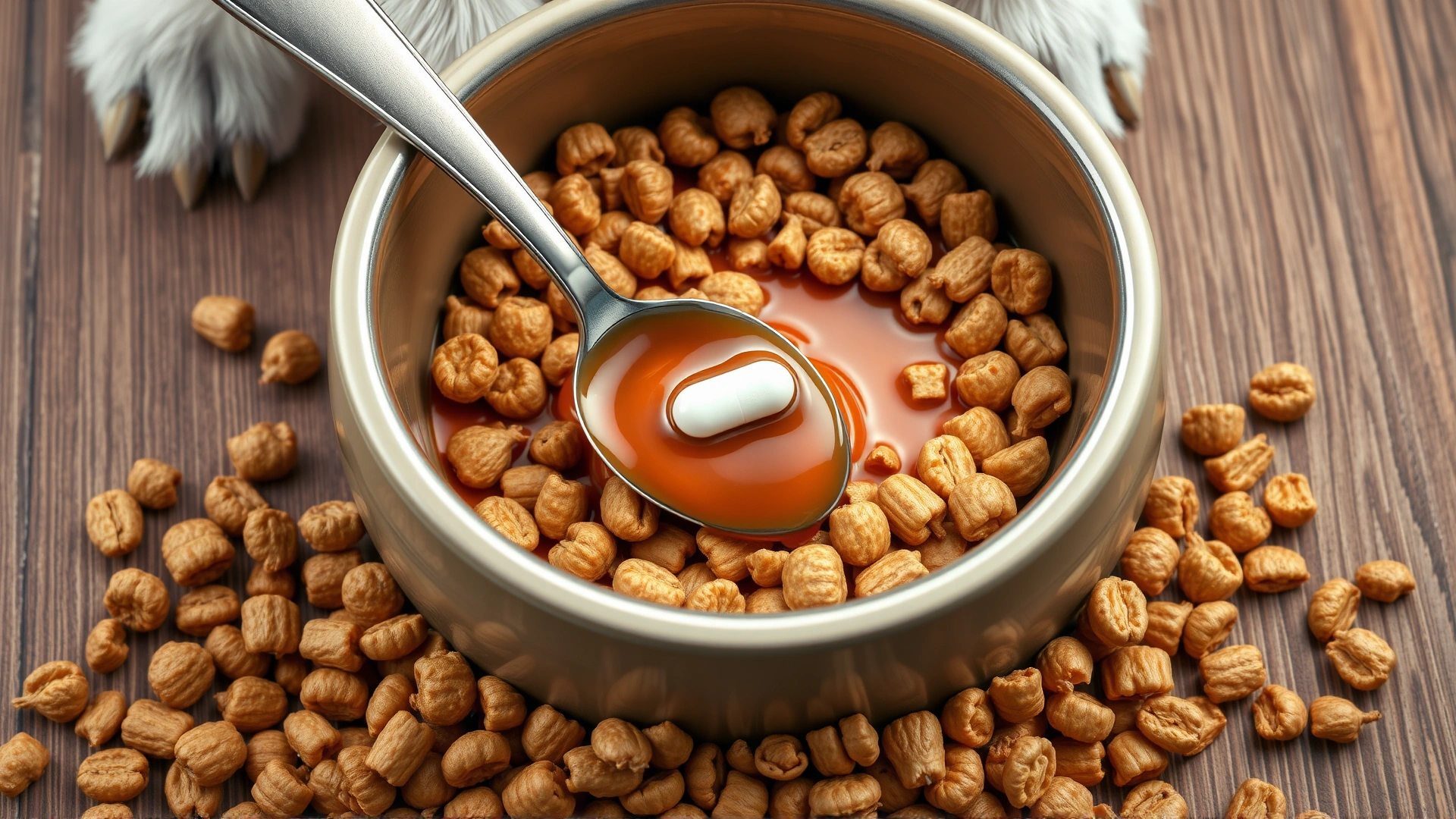 A dog’s bowl filled with kibble and a spoonful of canned food hiding a pill in the center, demonstrating giving medicine with food.