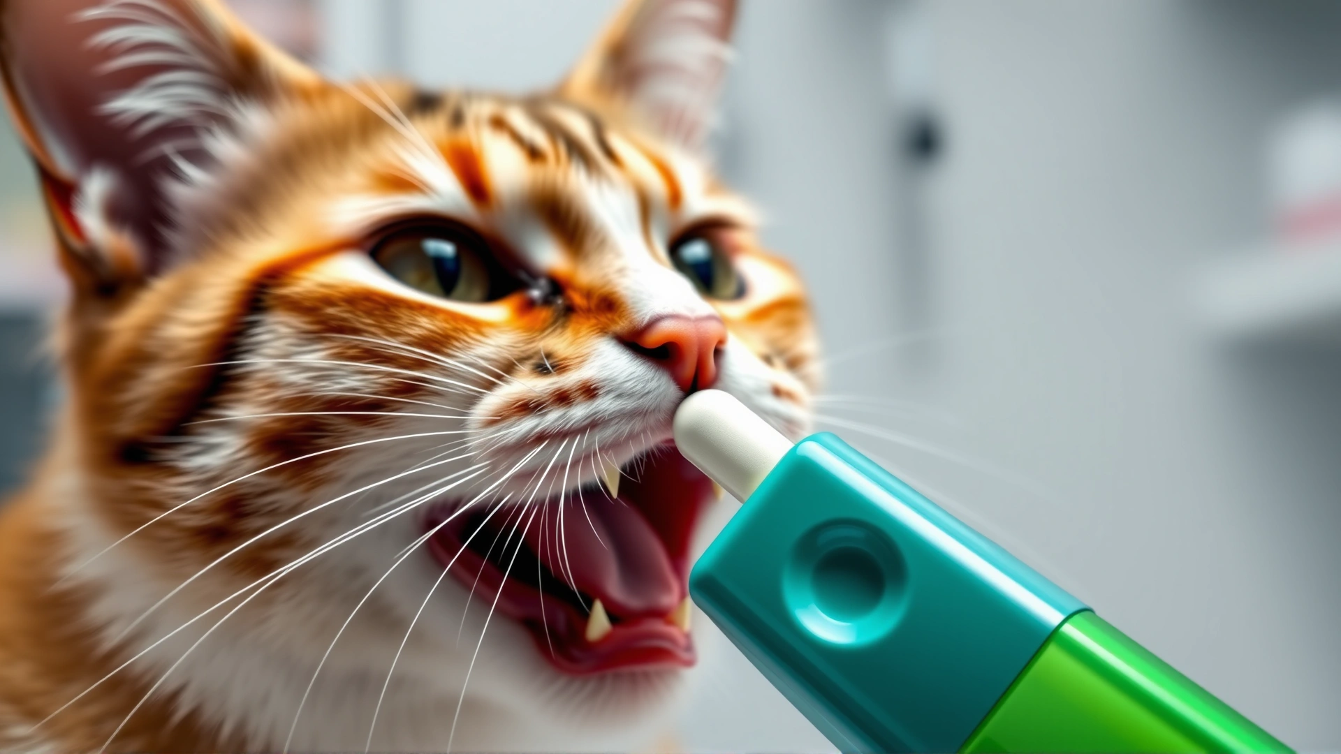 Close-up of a pill popper device loaded with a tablet, positioned near a cat's slightly open mouth, veterinary clinic background