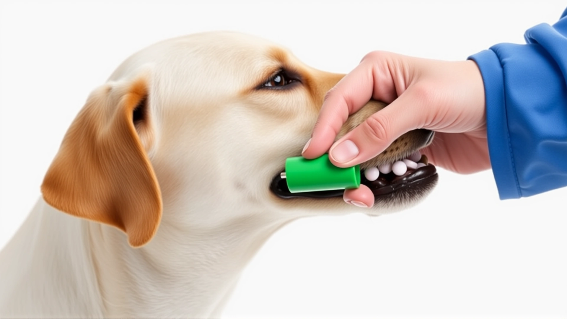 High-resolution image of a human hand using a green pill popper to place a pill into a Labrador's mouth, white background, no text.