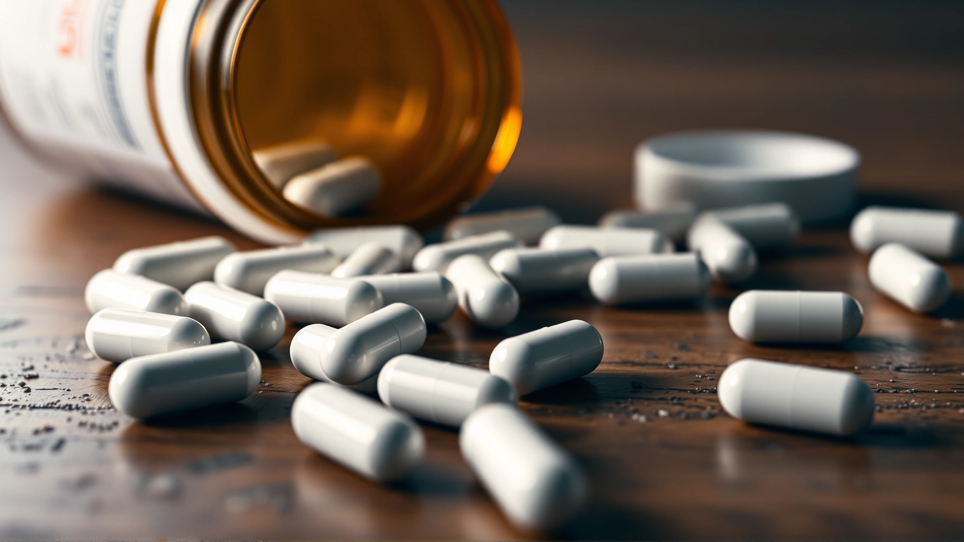 Spilled white capsules on a wooden surface with a tipped-over medicine bottle in the background, soft focus