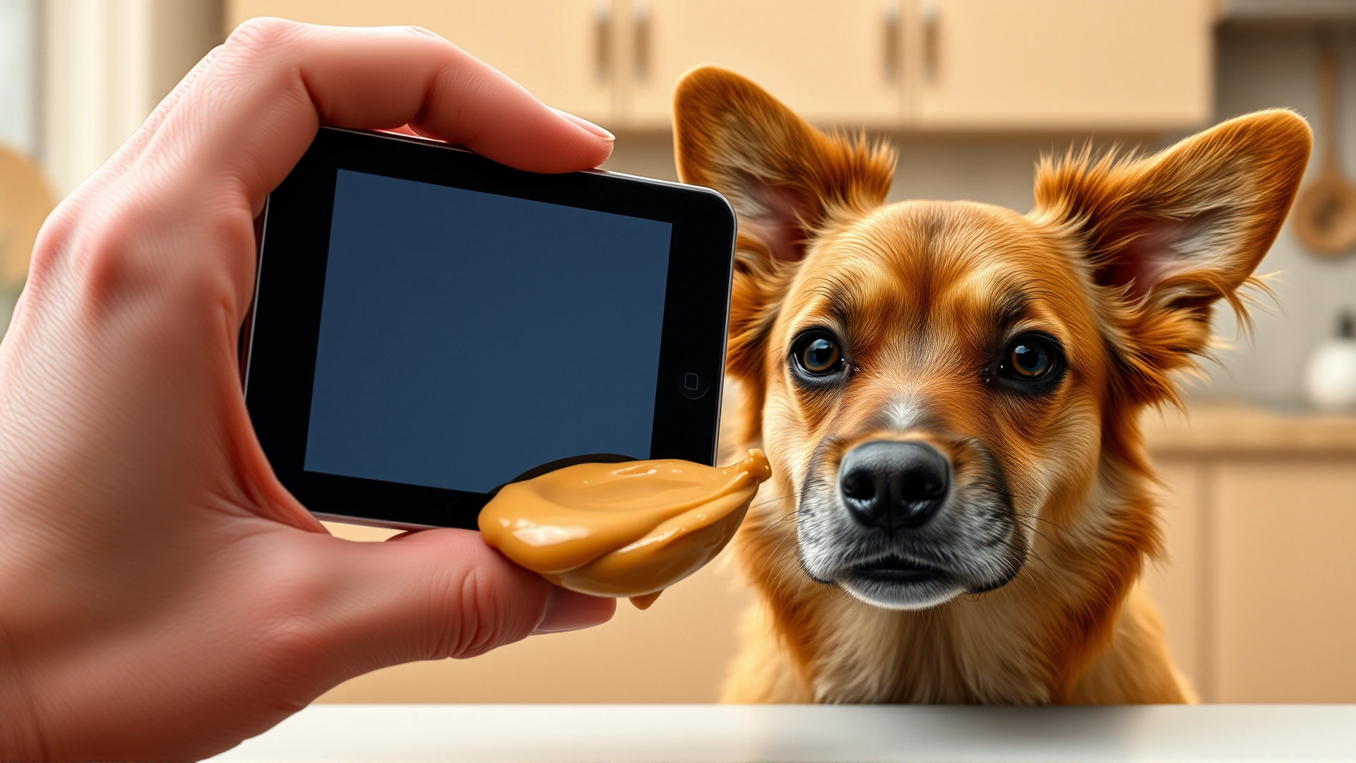 Human hand hiding a small tablet inside a spoonful of peanut butter next to a curious medium-sized dog, kitchen setting, no text