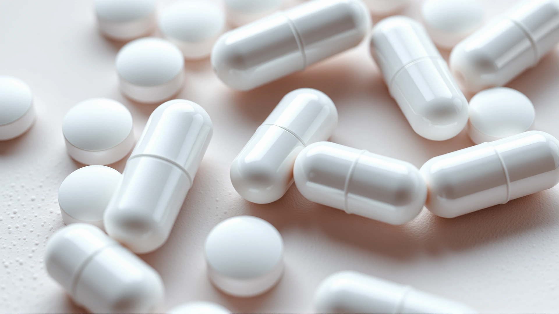 Close-up of generic white antibiotic tablets and capsules arranged neatly on a neutral background, shallow depth of field, no branding or text.