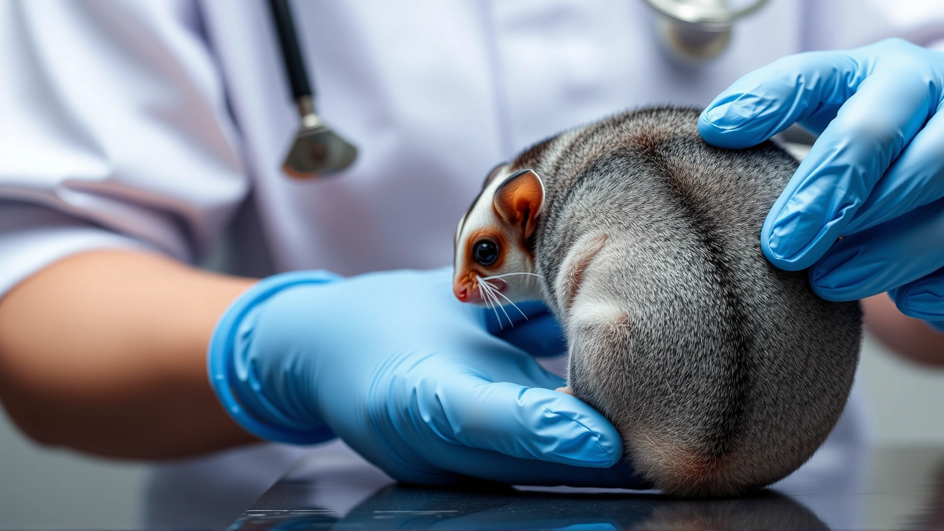 Veterinarian gently performing a skin tent test on a sugar glider's back with gloved hands, clinical background