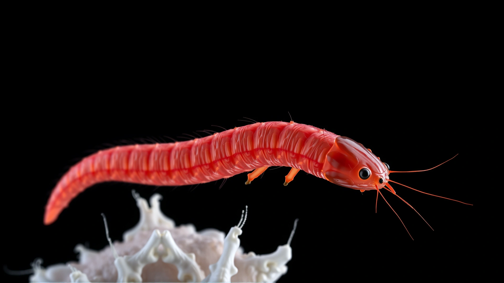 High-resolution photomicrograph or realistic 3D render of a pinworm (Syphacia spp.) against a dark background, highly detailed.
