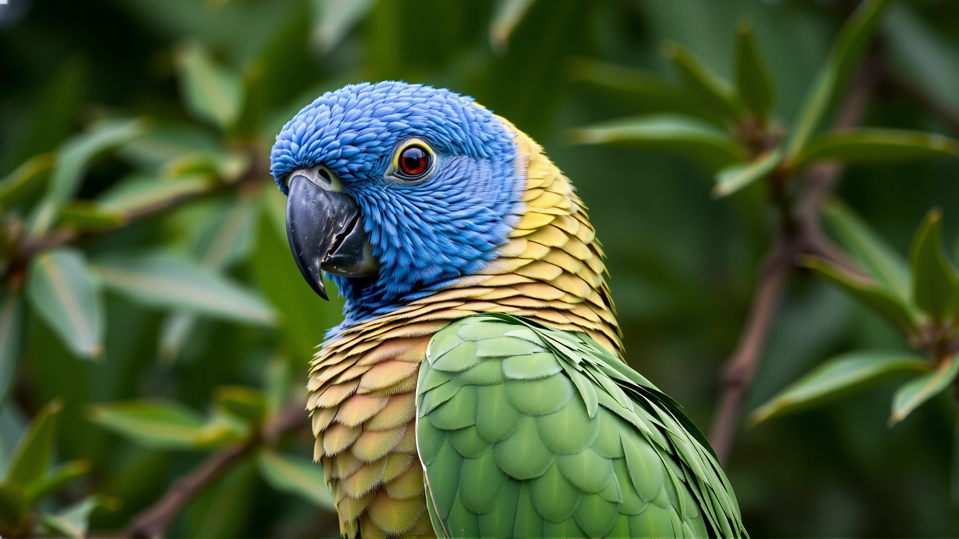 Vibrant blue-headed Pionus parrot close-up showing smooth, clean feathers against green foliage