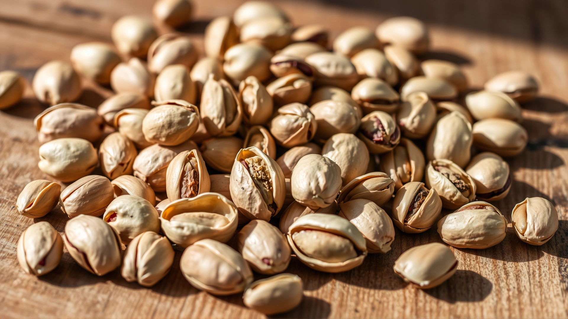 Macro close-up of raw unshelled and shelled pistachios scattered on a wooden surface, bright natural light
