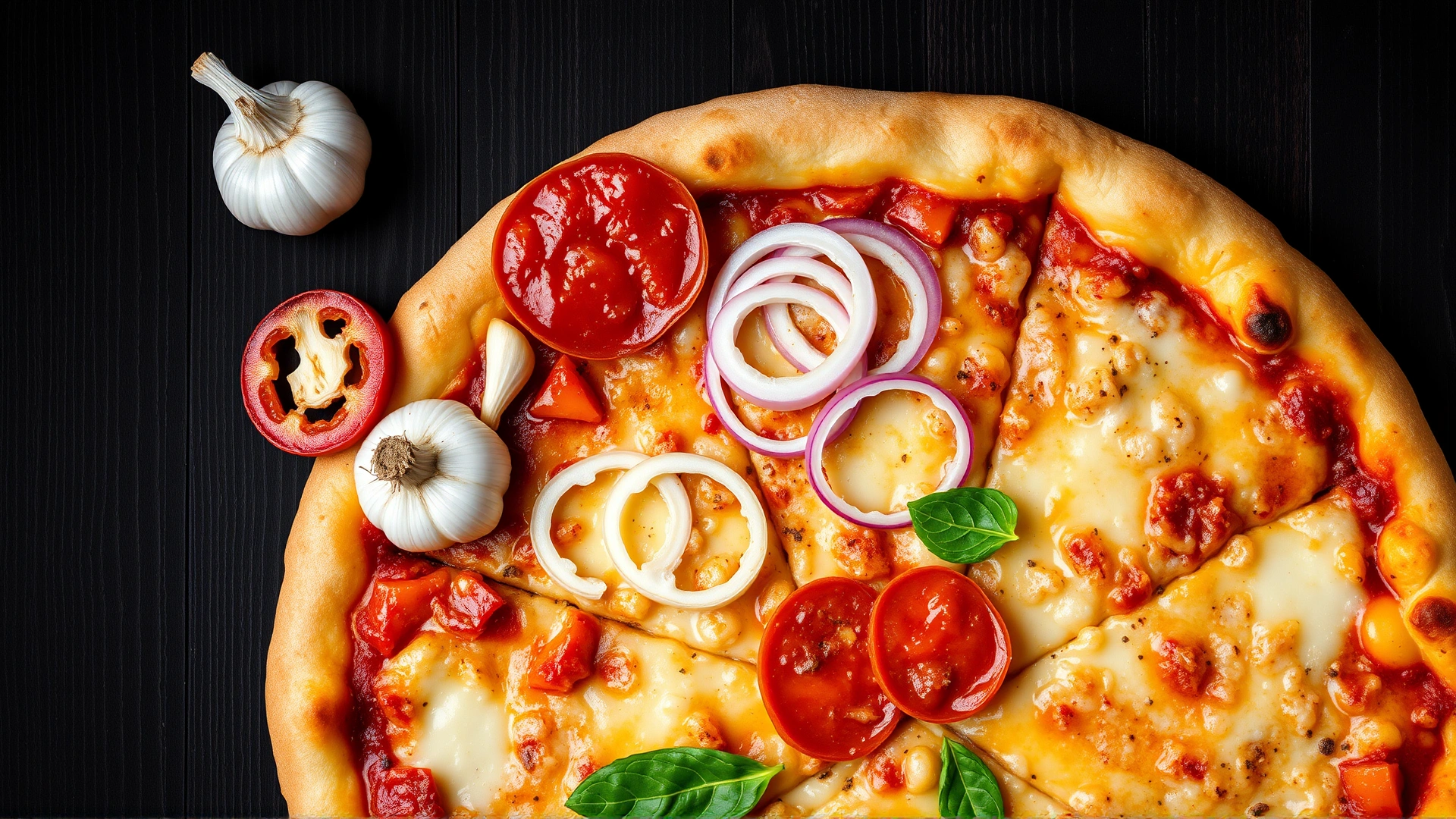 Overhead flat lay of various pizza toppings including pepperoni, onions, garlic cloves, and cheese on a dark wooden surface