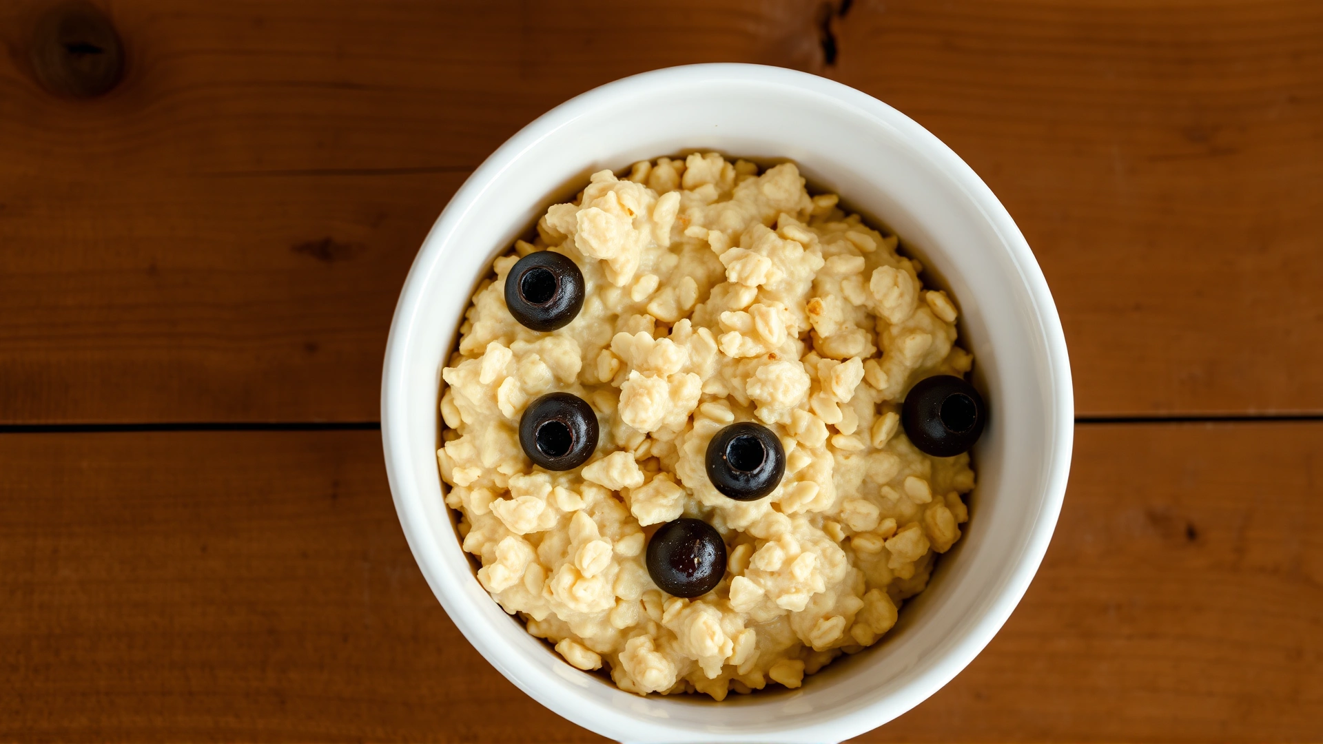 Overhead shot of a plain cooked oatmeal in a white ceramic bowl on a rustic wooden surface, no toppings, soft natural lighting