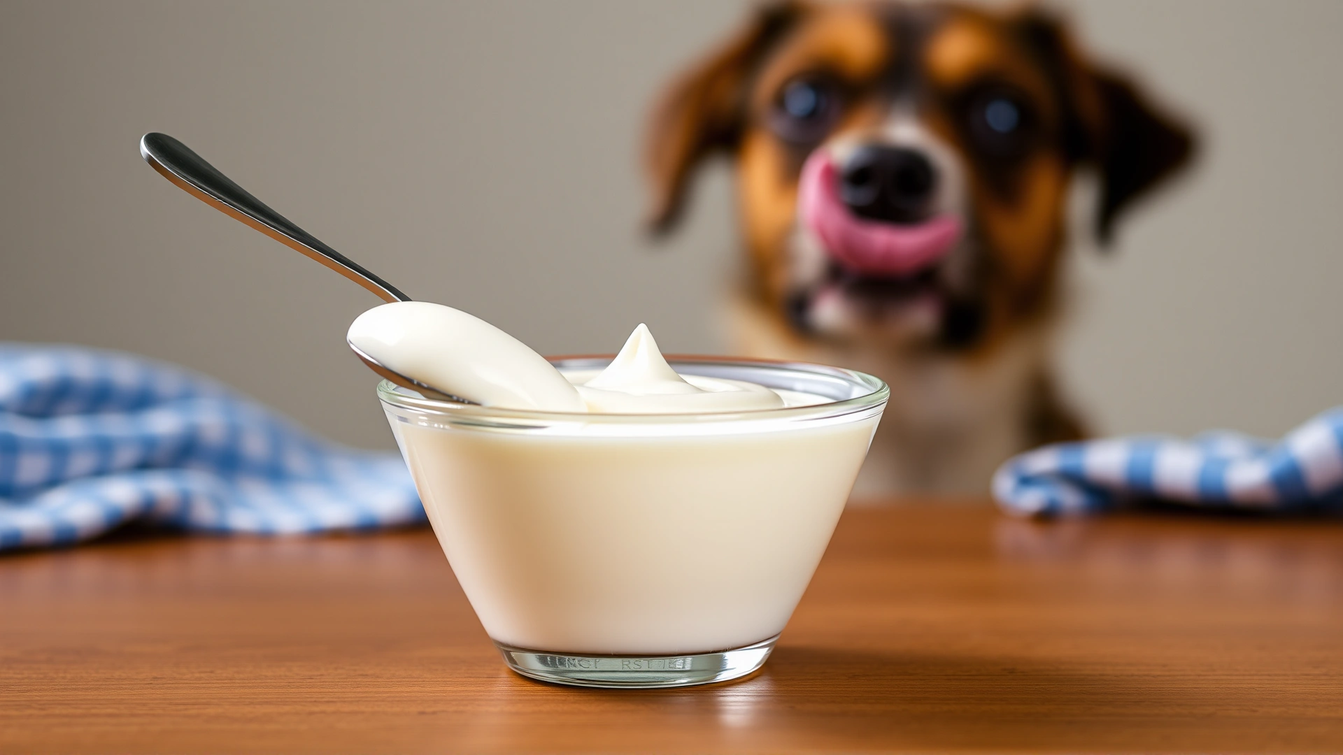 Plain unsweetened yogurt in a small glass bowl with a tablespoon, with a curious dog in the background licking its lips.