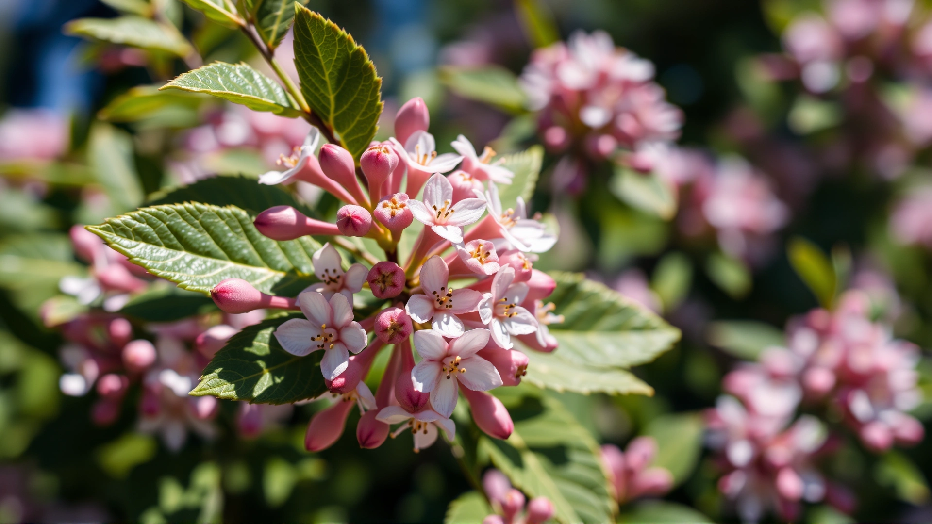 Close-up photograph of mountain laurel leaves and pink-white flowers under natural sunlight
