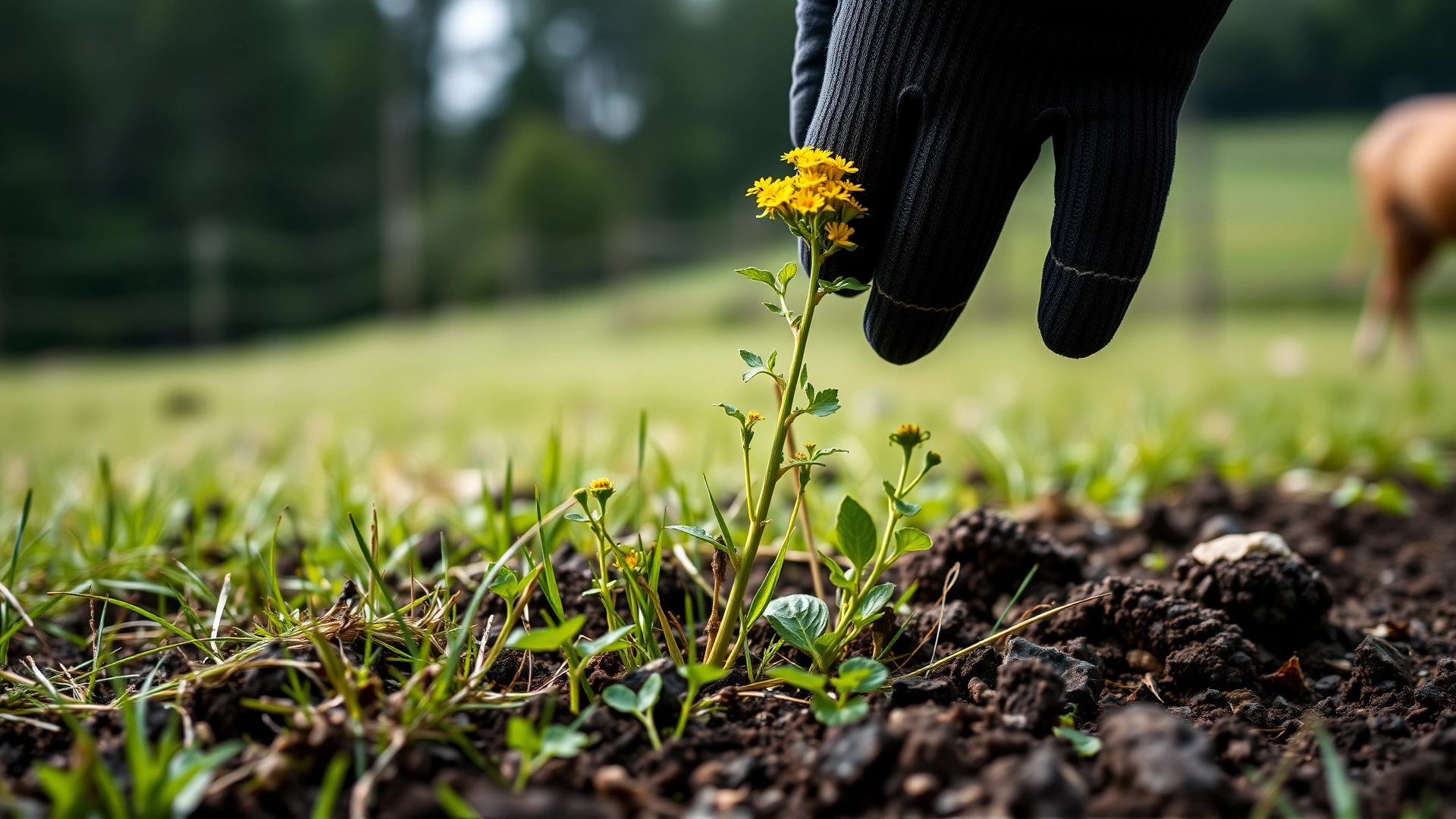 Close-up macro shot of a person’s gloved hand pulling a ragwort plant from the soil in a pasture
