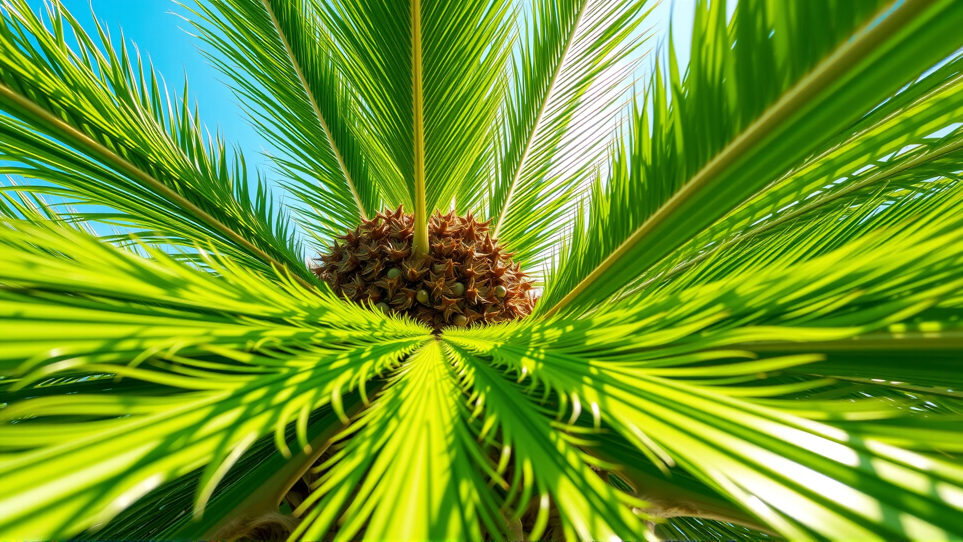Close-up of the crown and bright green fronds of a sago palm plant in sunlight, clear botanical detail