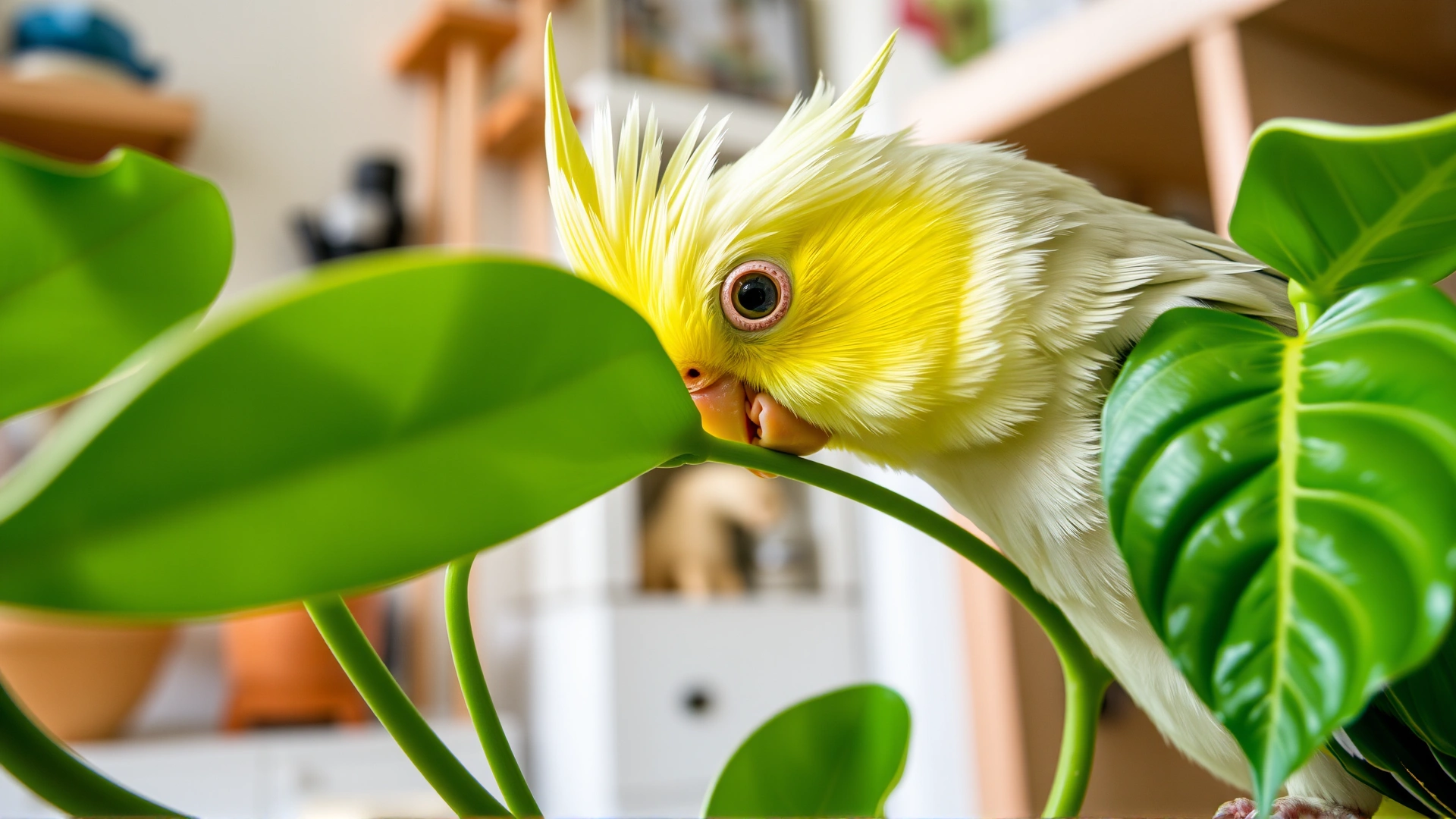 Close-up of a cockatiel nibbling on a pothos plant in a household setting to show plant toxicity risk.