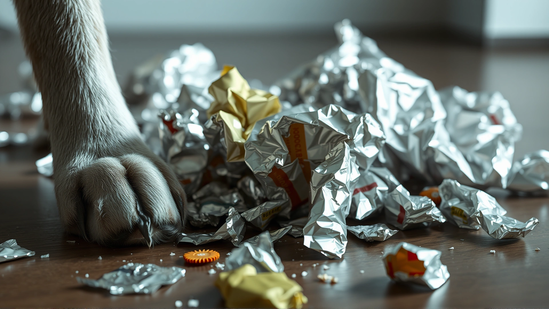 A variety of crumpled plastic food wrappers and aluminium foil pieces strewn across the floor near a curious dog paw
