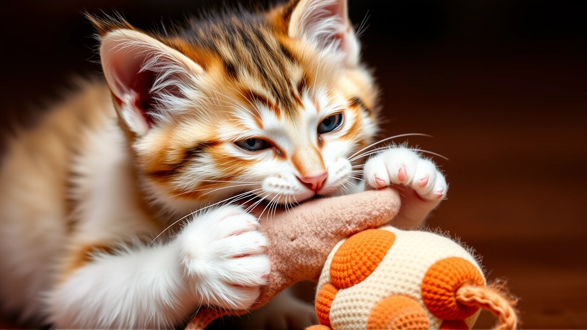 Kitten playfully biting a soft toy, highlighting play aggression without harming human hands.