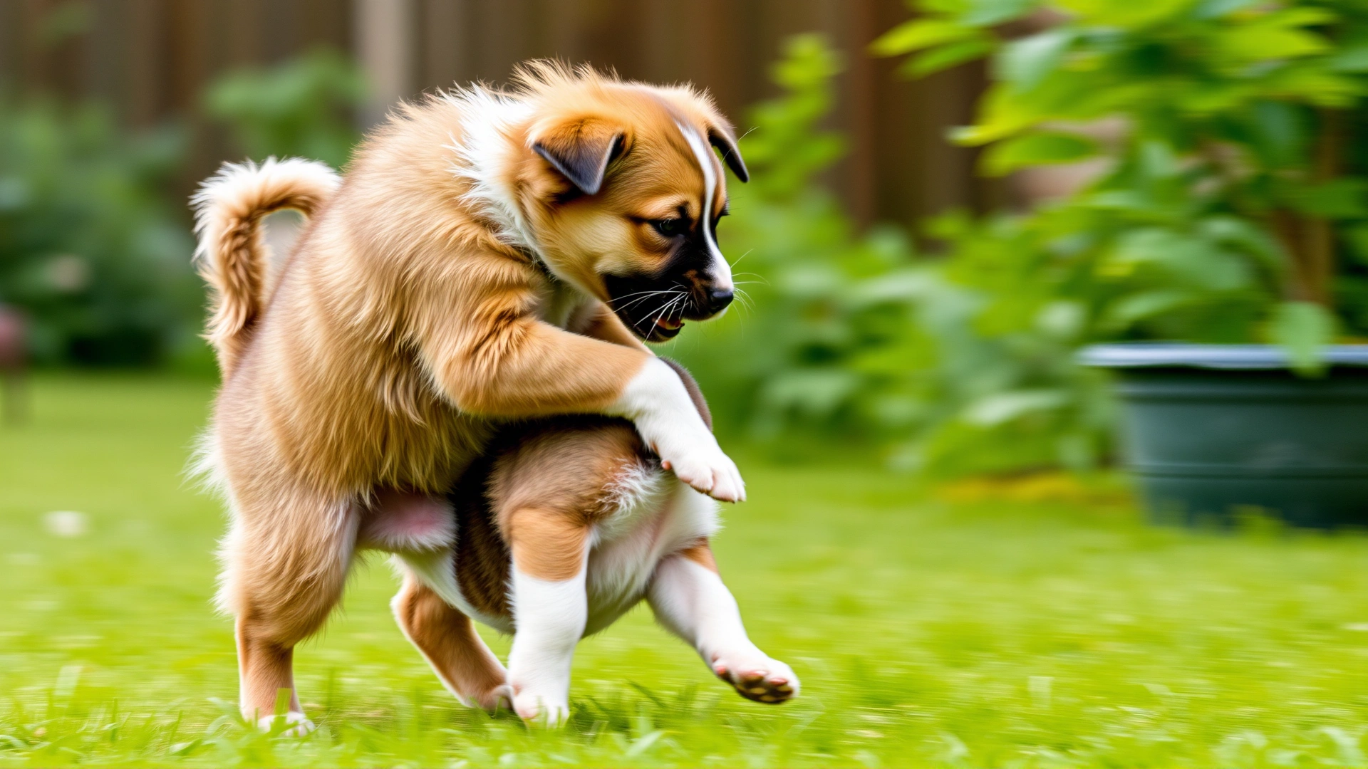 Two female puppies playing energetically in a green backyard, one gently jumping on the other, motion blur adds dynamic feel
