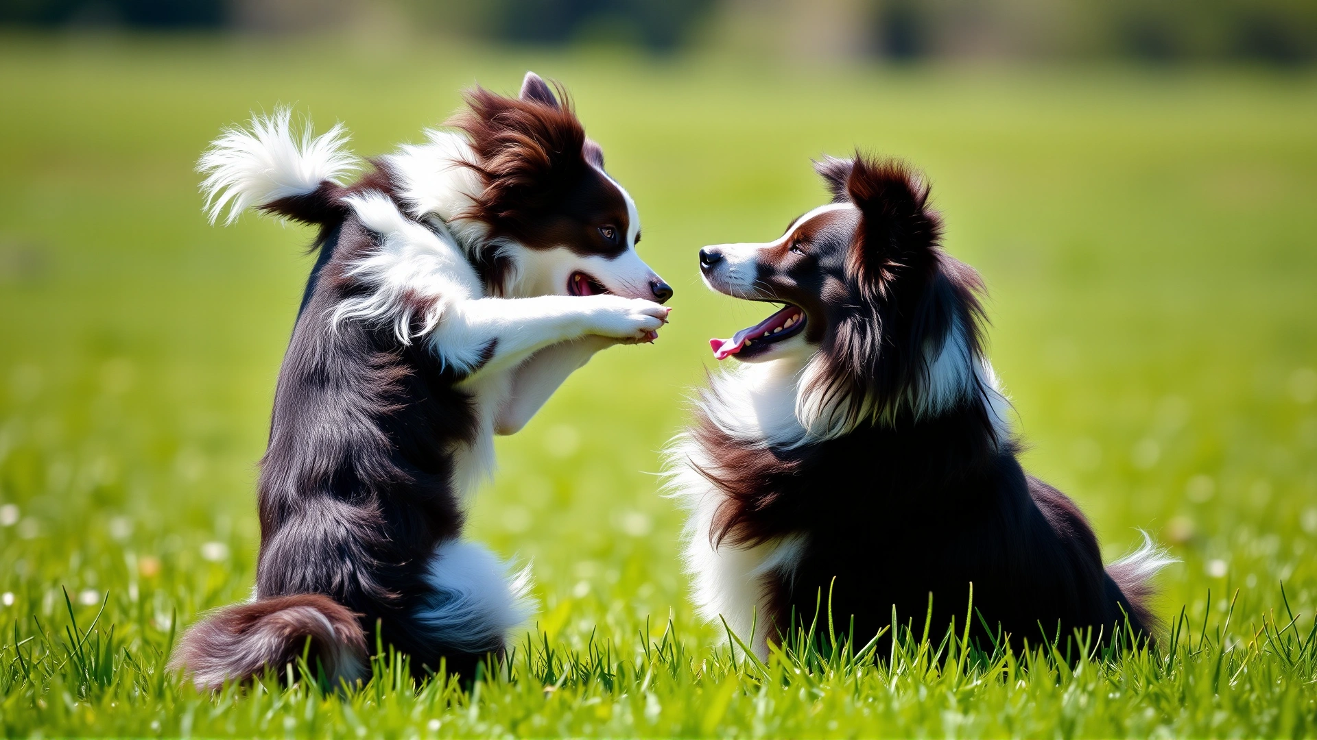 Energetic border collie in a classic play bow position facing another dog in a sunny green field.
