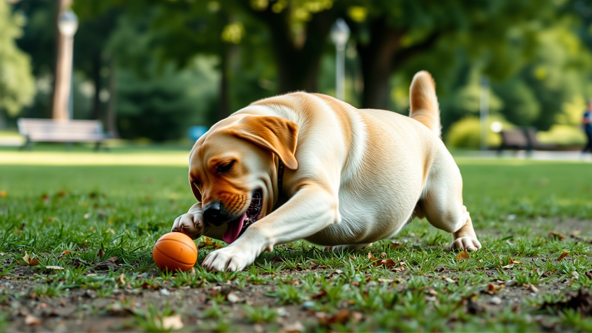 Action shot of a Labrador Retriever playing fetch in a park then collapsing gently mid-chase, illustrating a sudden narcoleptic episode