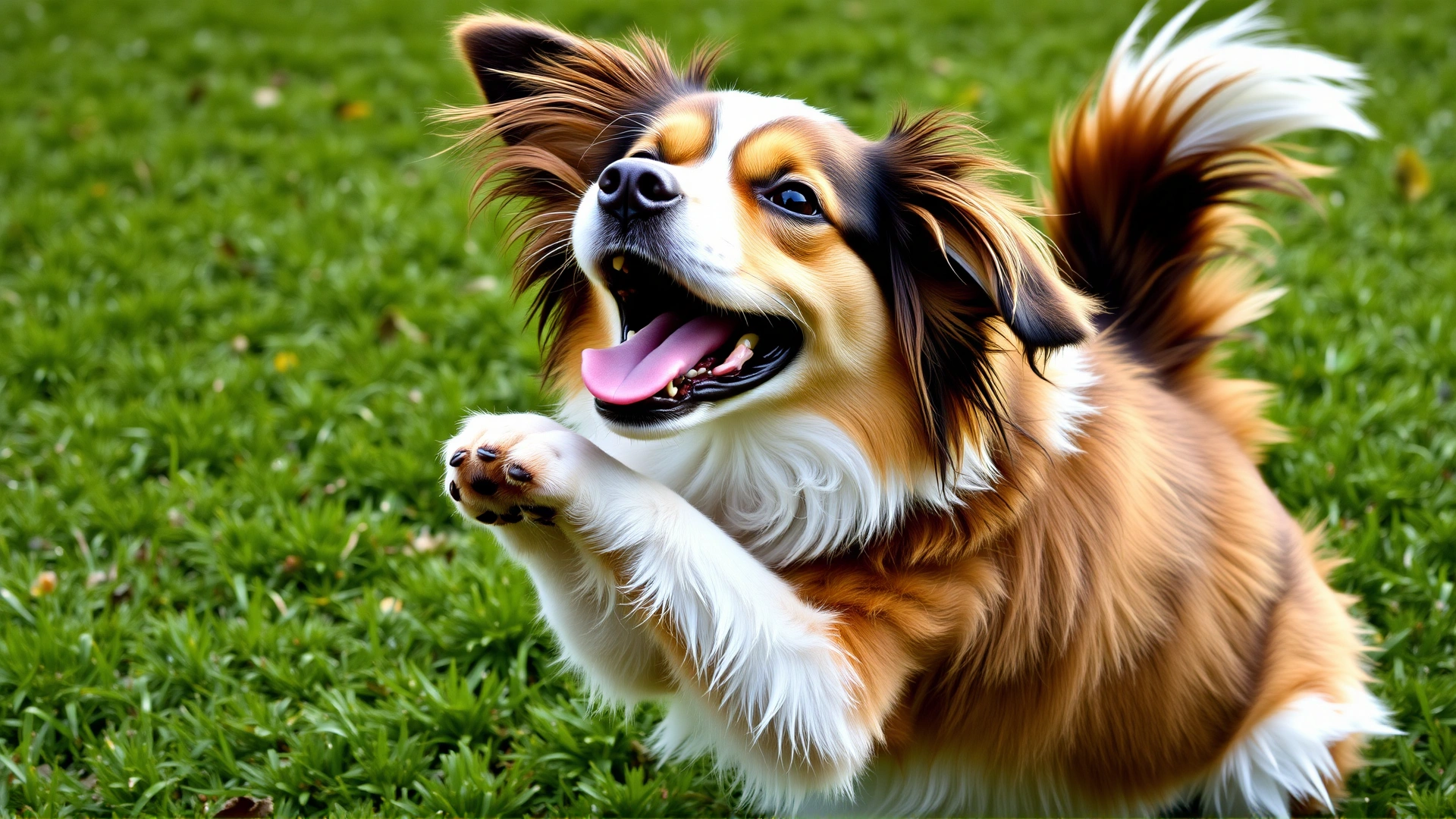 A playful dog in a classic play bow on a grassy lawn, mouth slightly open and tail wagging, conveying a light-hearted mood