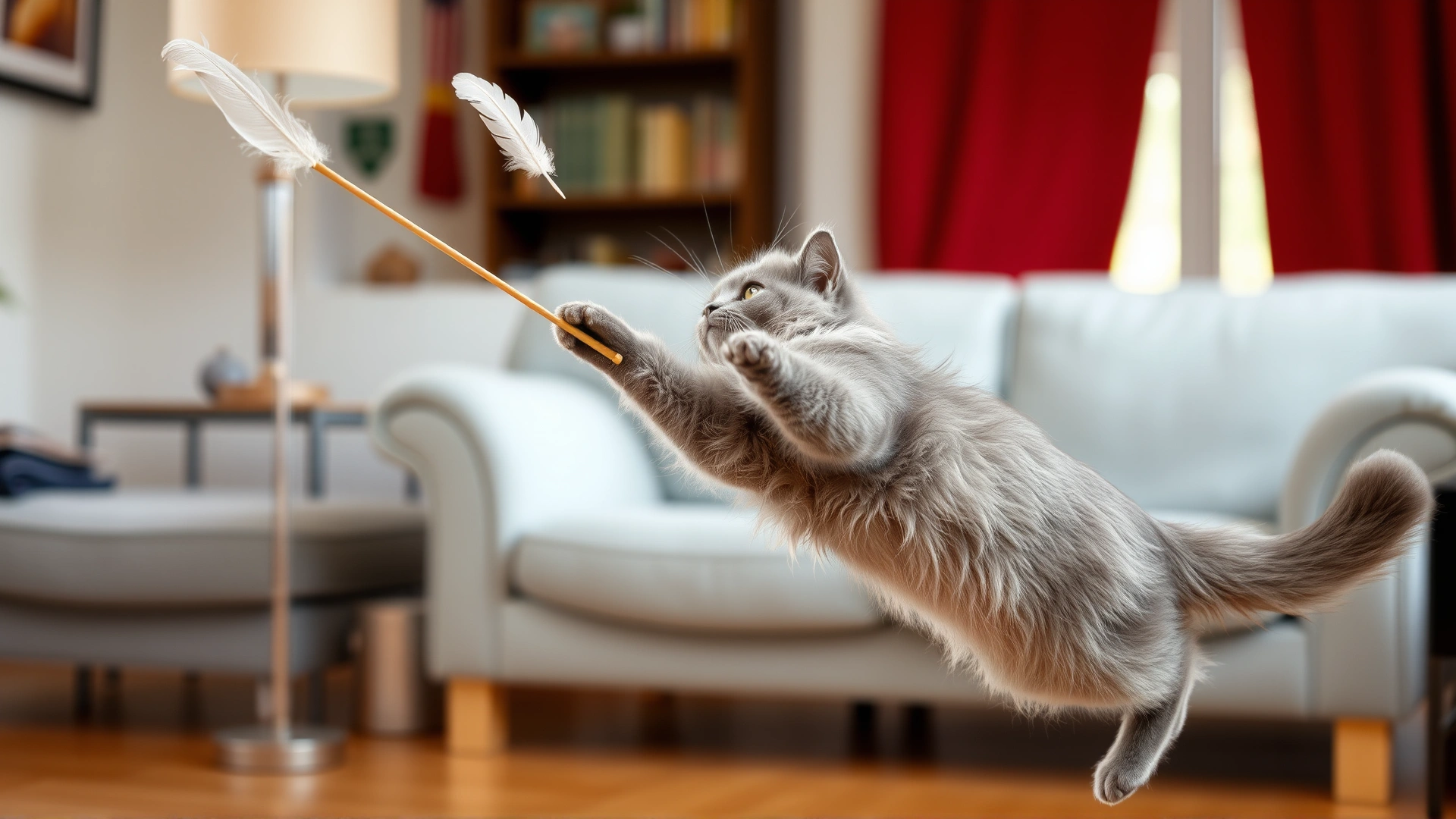 Action shot of a Nebelung cat leaping to catch a feather wand toy in midair, against a bright living-room backdrop.