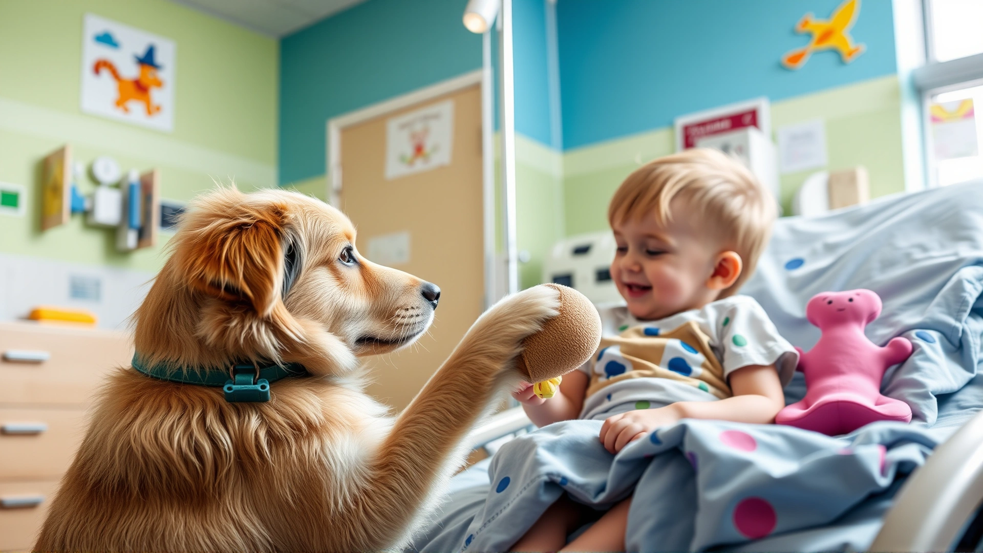 Therapy dog playing gently with pediatric patient using a soft toy in a colorful children’s ward