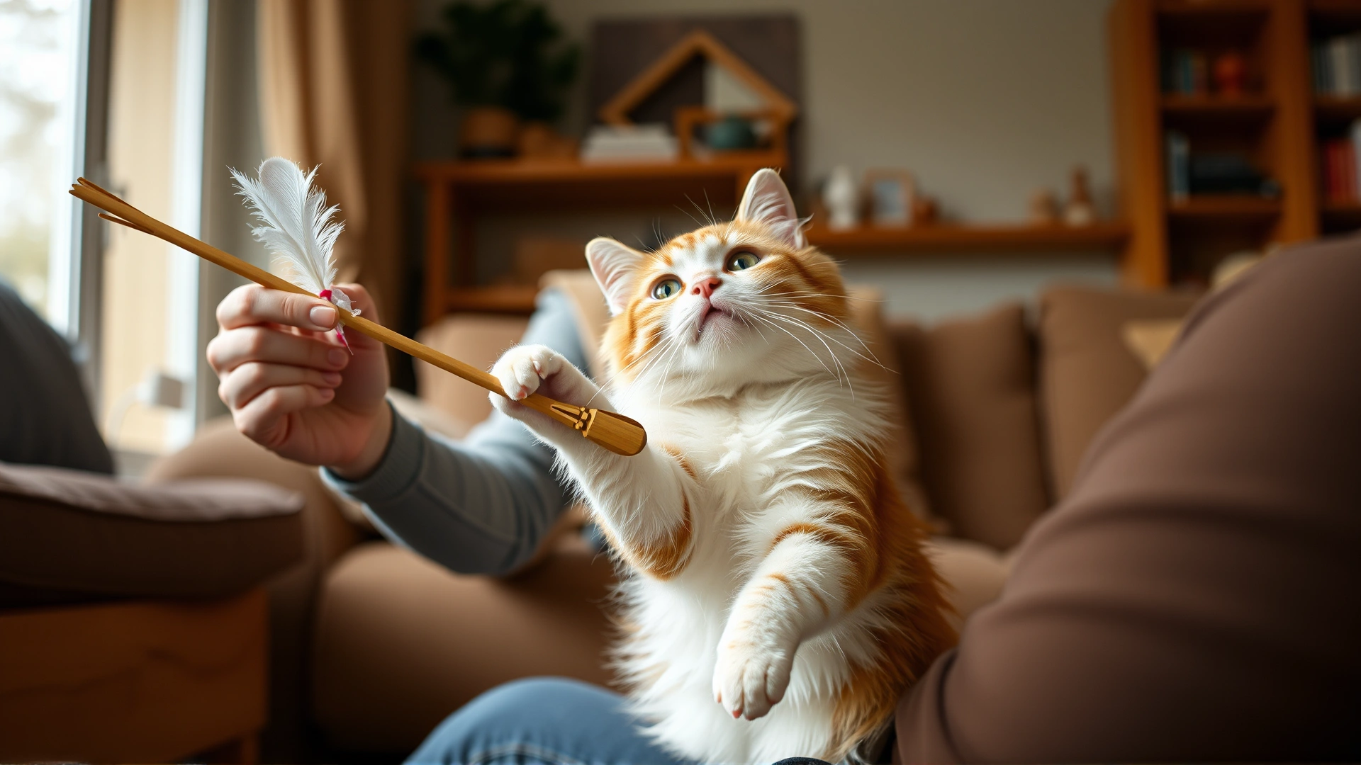 An owner engaging a playful cat with a feather wand toy in a cozy living room