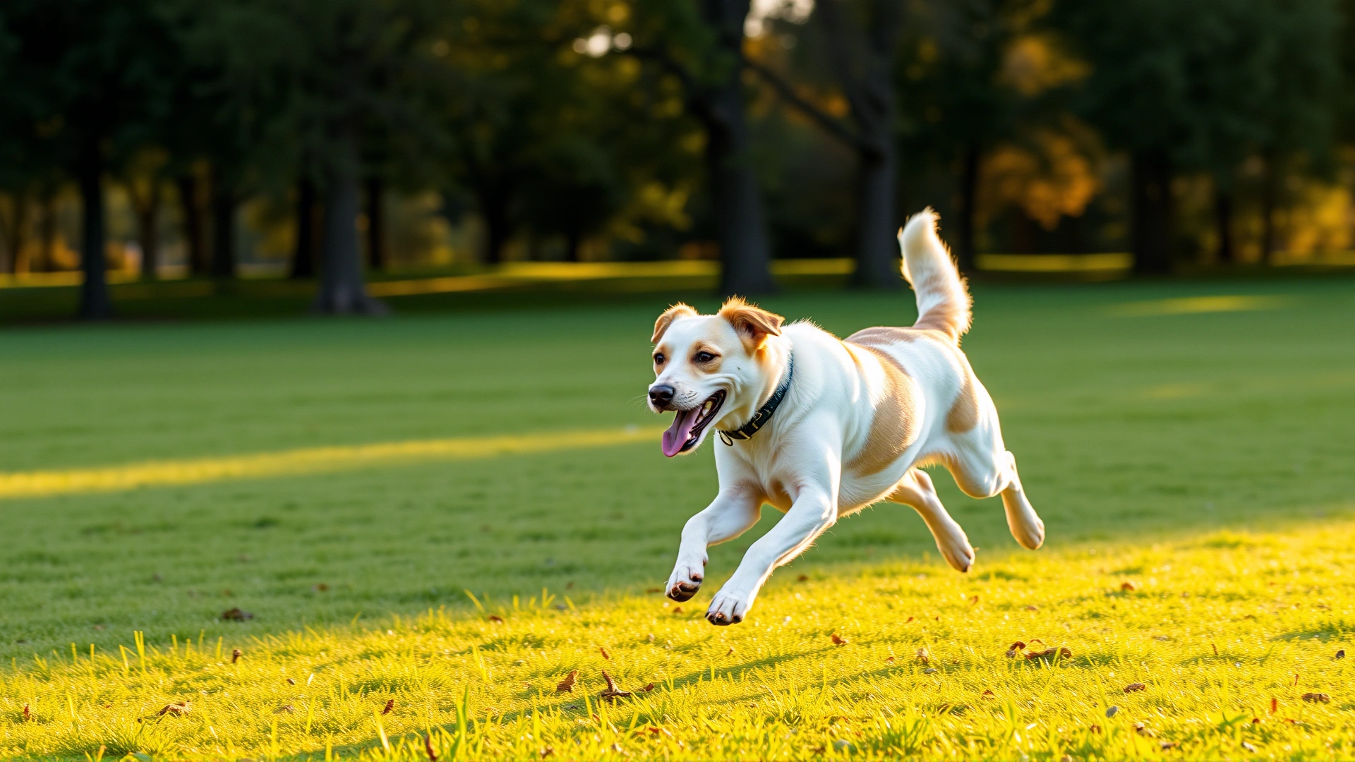 Active dog running across a grassy park during golden hour, capturing movement and joy to illustrate importance of exercise for diabetic dogs.