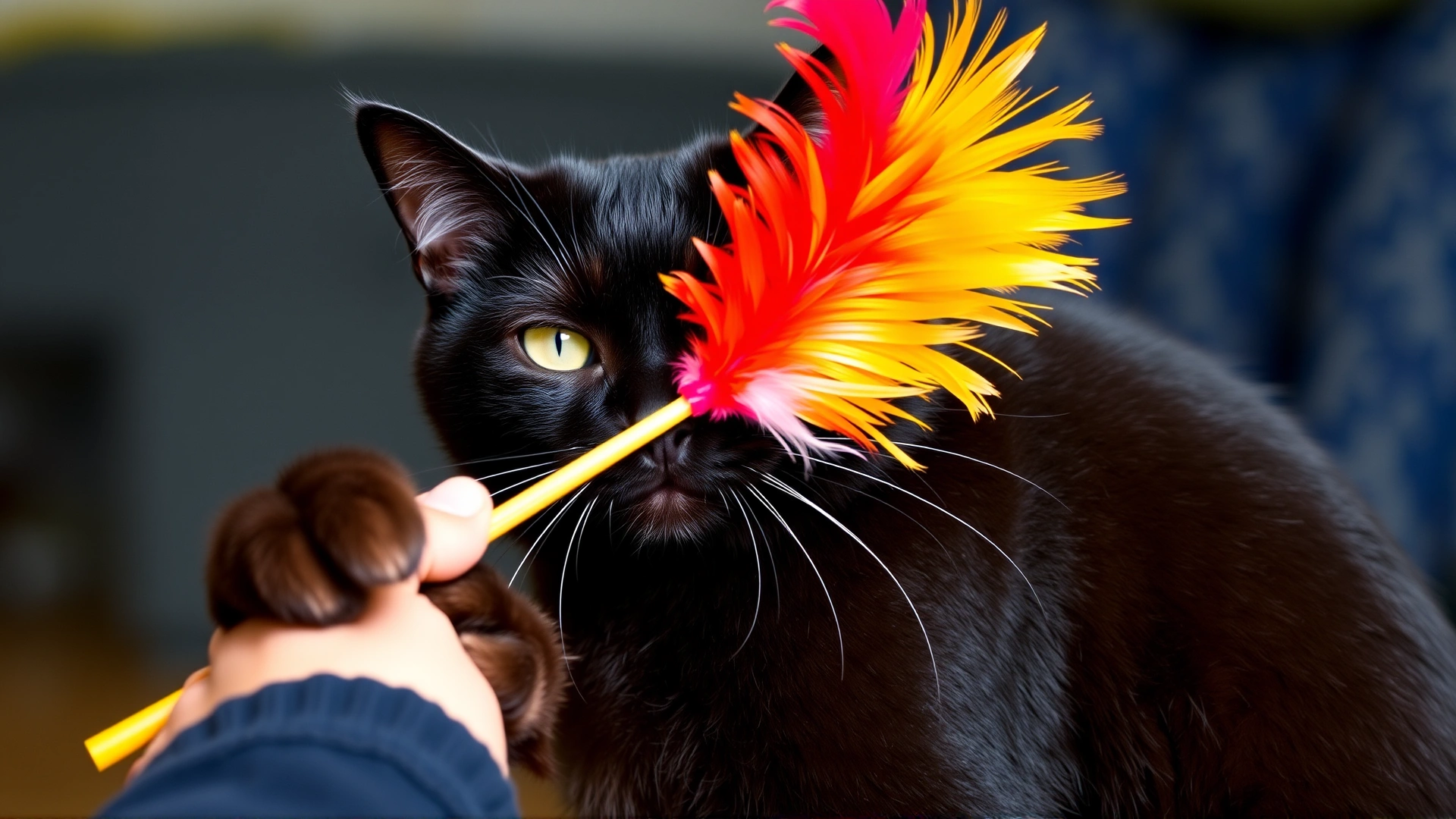 Senior black cat slowly swatting at a colorful feather wand toy held by an owner, illustrating gentle interactive play.