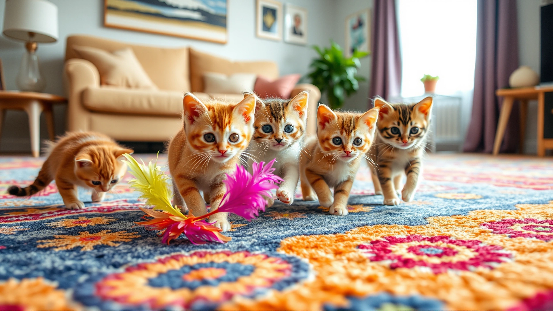 Four playful kittens chasing a colorful feather toy on a vibrant area rug in a bright living room