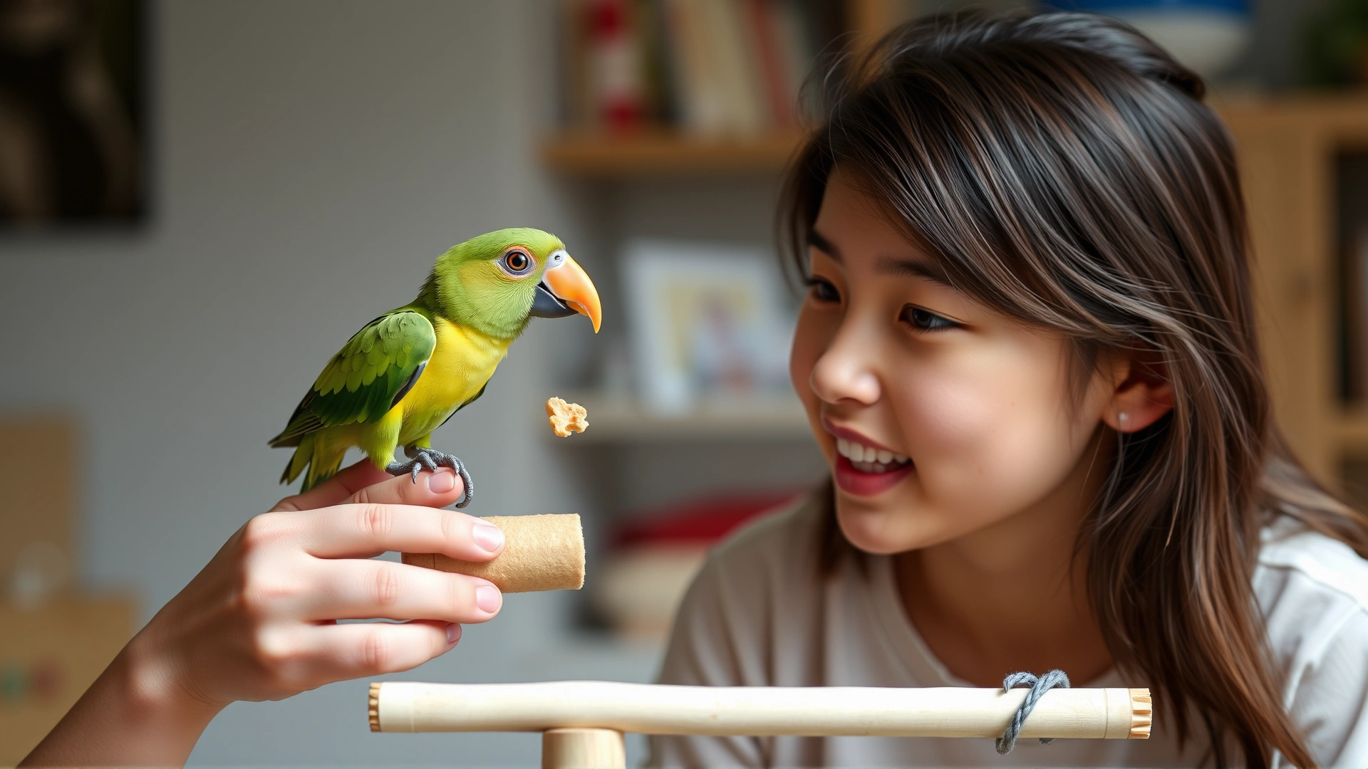 Young woman engaging with a small hookbill parrot on a play stand, offering a treat with positive body language.