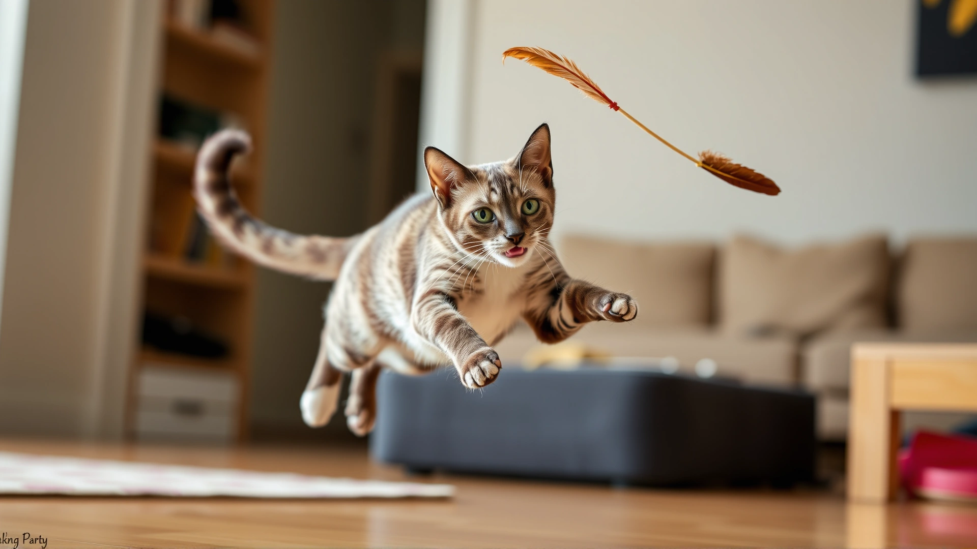 Colorpoint Shorthair cat mid-jump chasing a feather wand toy indoors, displaying athleticism and energy.