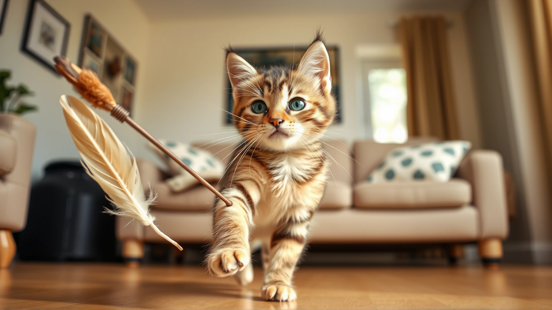 Playful young cat chasing a feather wand toy in a bright living room.