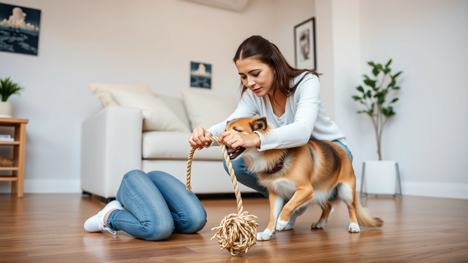 Young woman crouching on living room floor playing tug-of-war with her playful dog using a rope toy.