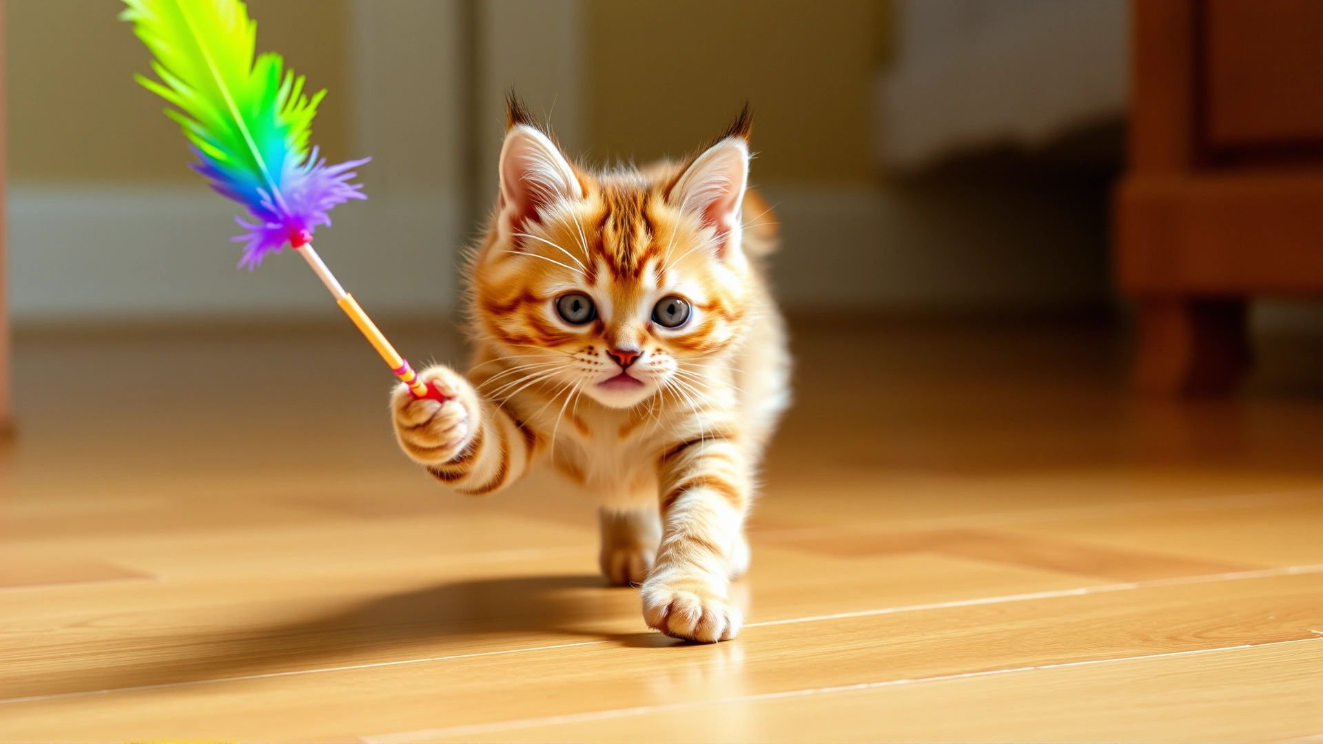 Energetic Abyssinian kitten chasing a colorful feather wand on a wooden floor, illustrating playfulness.