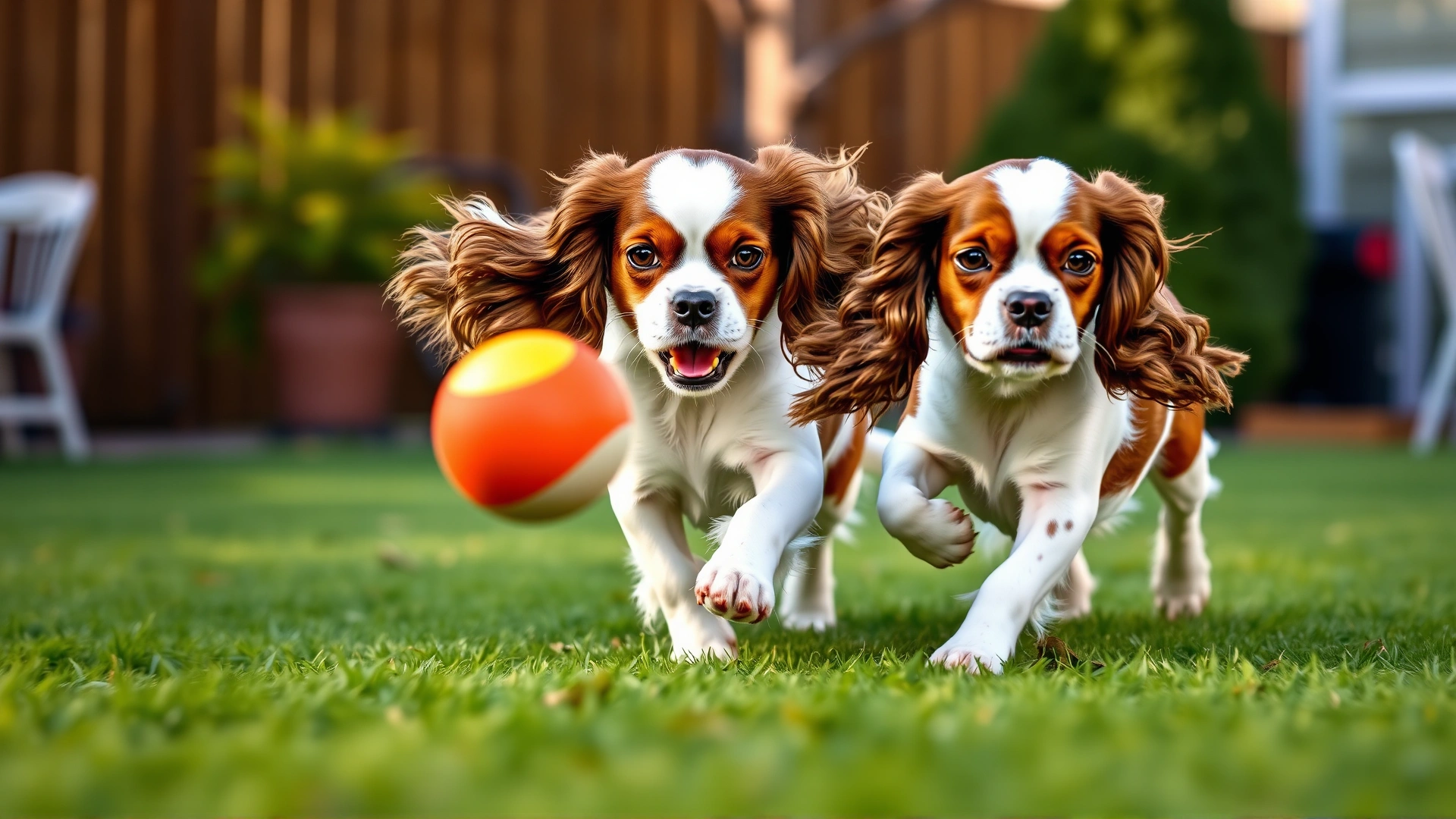 Two Cavalier King Charles Spaniels chasing a brightly colored ball across a sunny backyard, slight motion blur to convey action