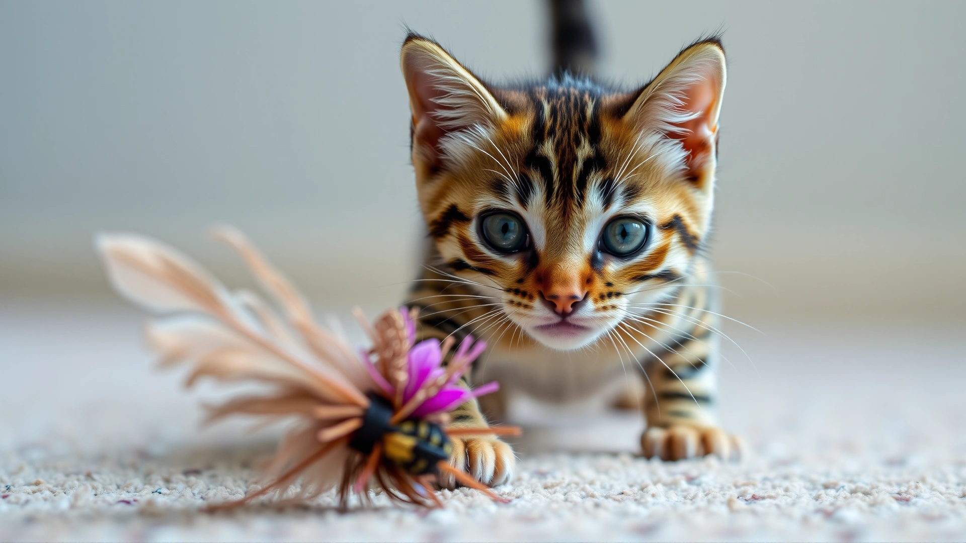 Close-up of a Bengal kitten chasing a feather toy on a carpet, showing its bright eyes and spotted coat