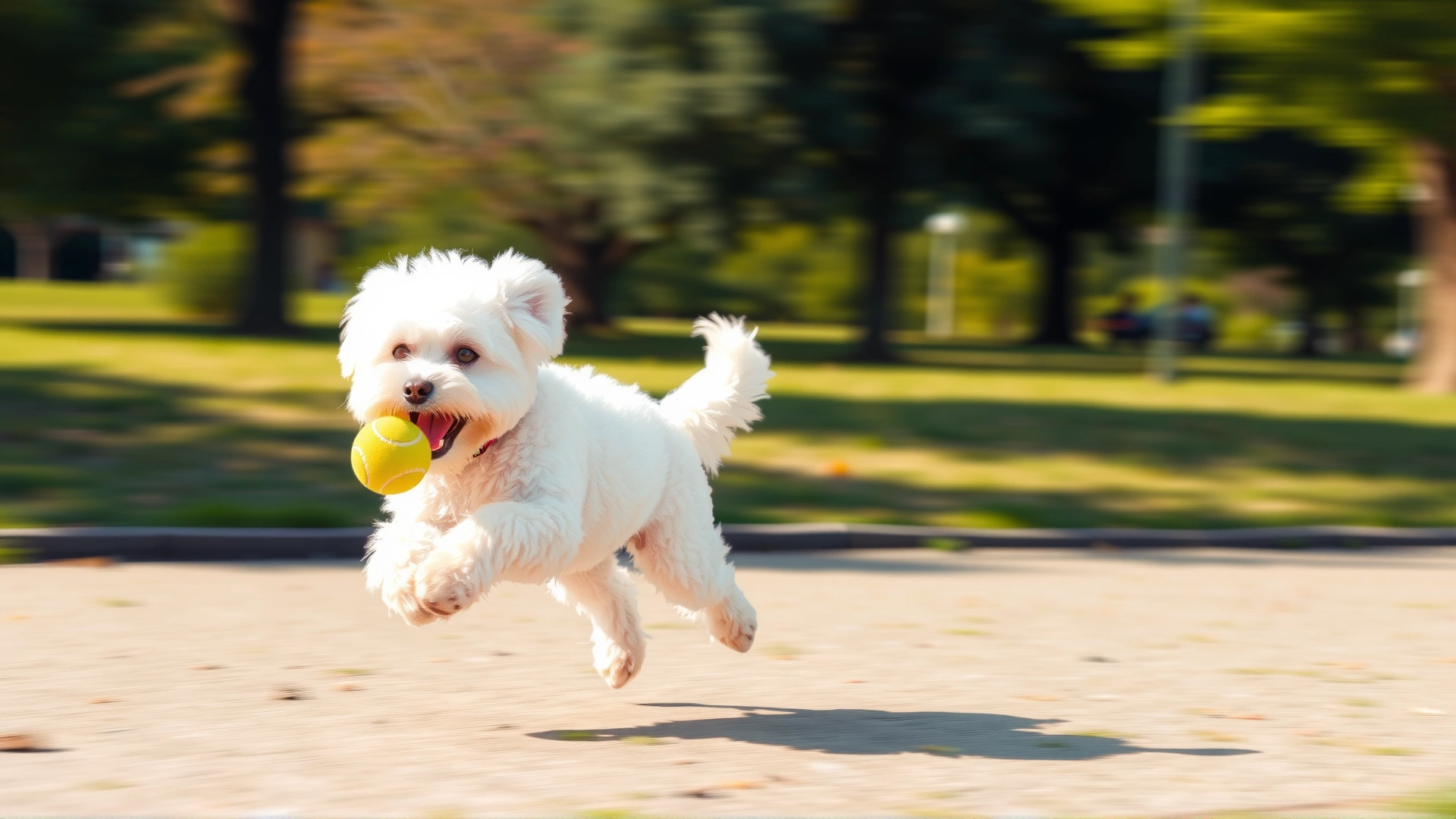 Energetic Bichon Frise running across a sunny park with a small tennis ball in its mouth, motion blur on the background, vivid colors.