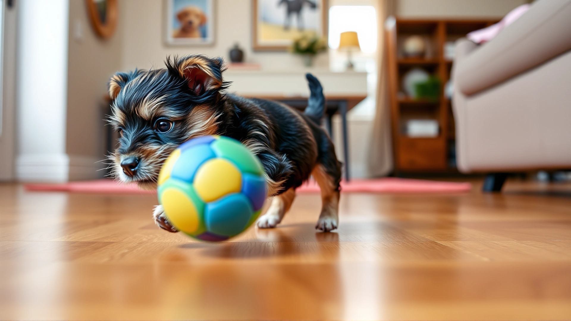 A playful Biewer Terrier puppy chasing a colorful ball on a hardwood living-room floor, photographed at eye level to emphasize its tiny size and boundless energy.