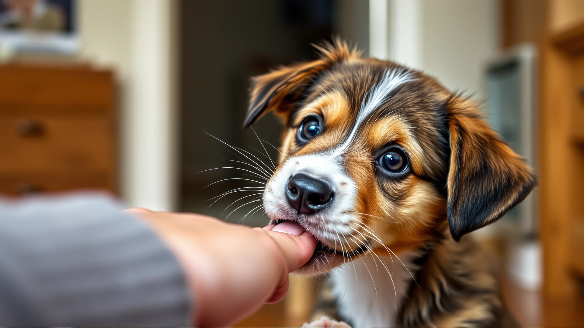 A playful puppy gently nibbling on a person's hand while looking curious and friendly, indoors with soft lighting.
